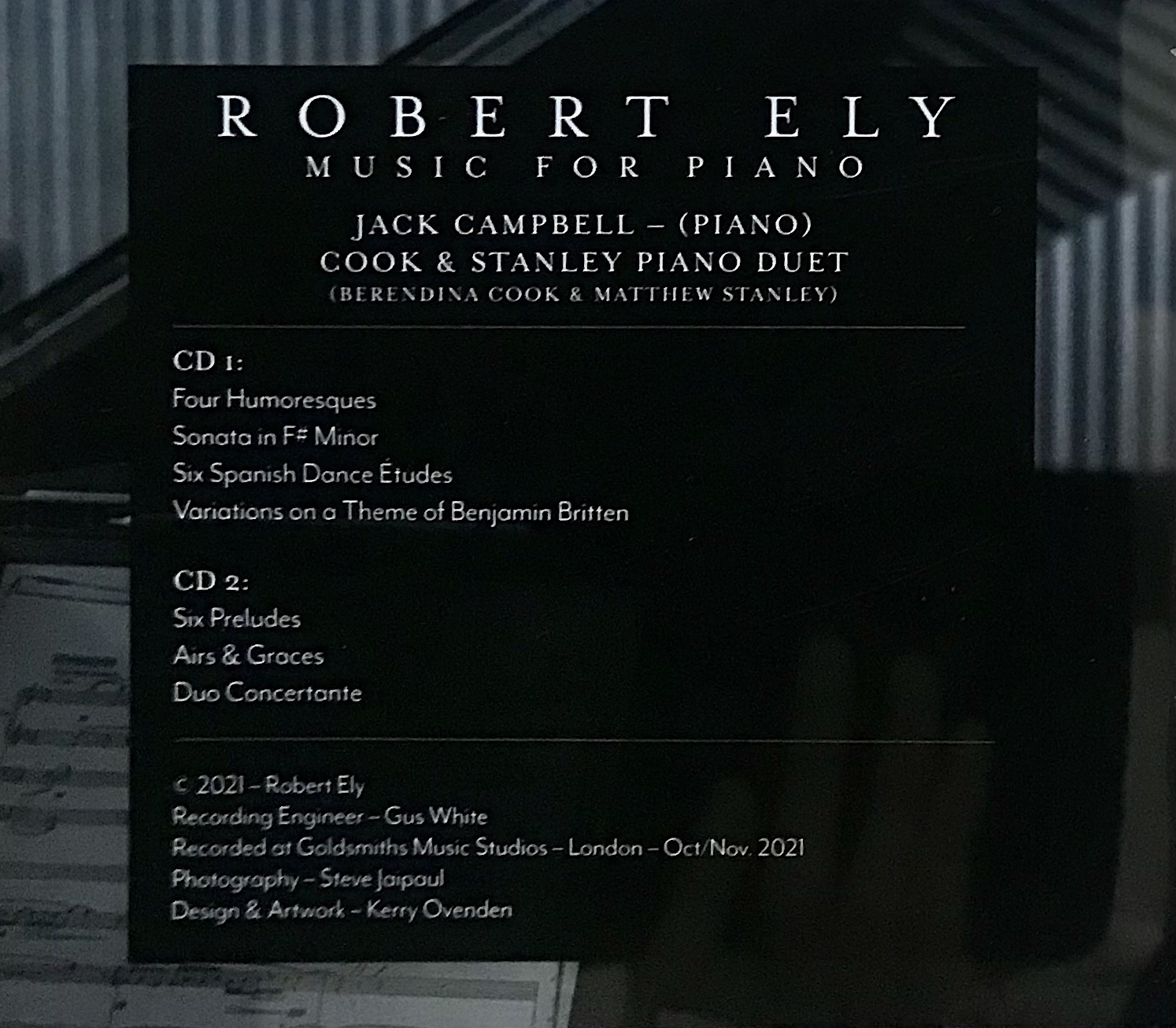 Robert Ely: music for piano CD, back cover; list of works